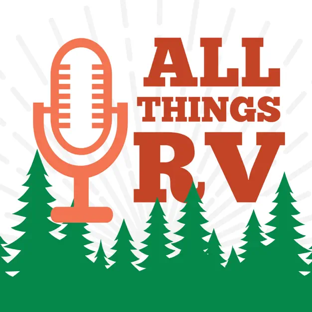 Logo of "All Things RV" podcast with microphone and trees.