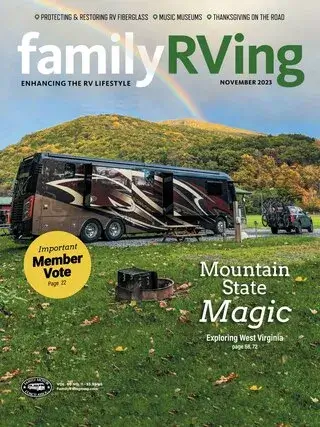 Family RVing magazine cover, luxury RV, autumn scenery.