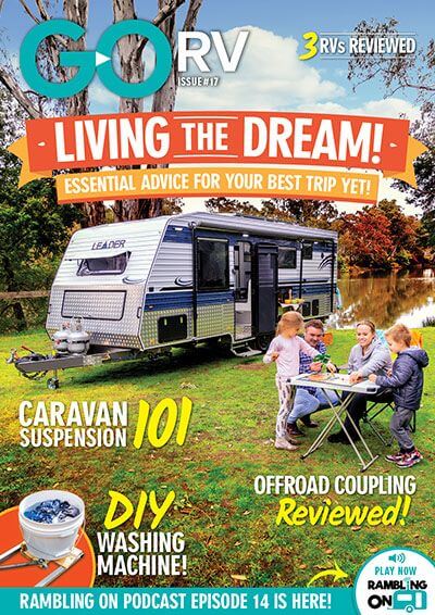 RV magazine cover, family camping, caravan, outdoor tips.