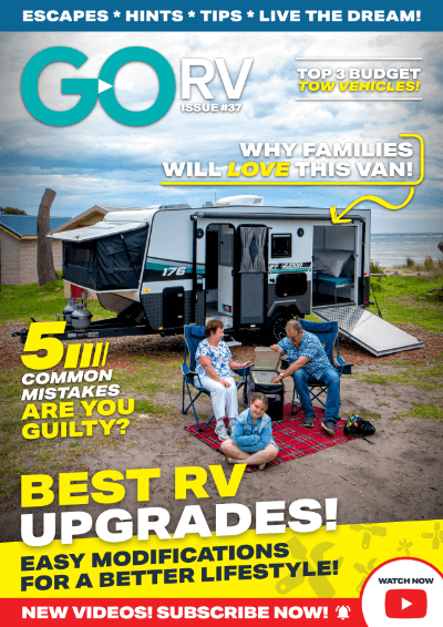 Family enjoying camping with RV and lifestyle magazine cover.