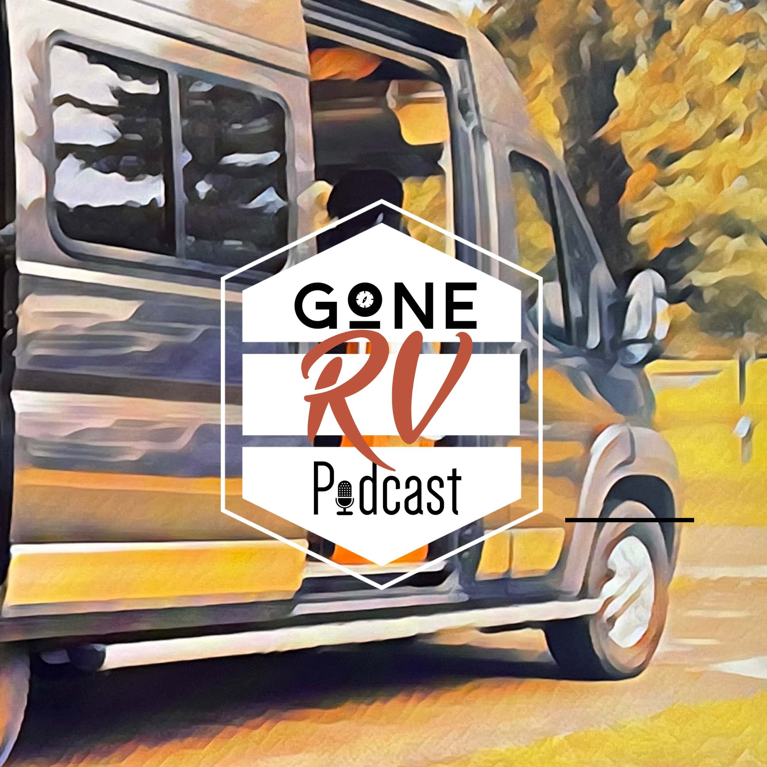 Stylized RV image with "Gone RV Podcast" logo