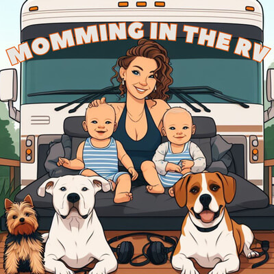 Mom, twins, dogs in front of RV, family travel adventure.