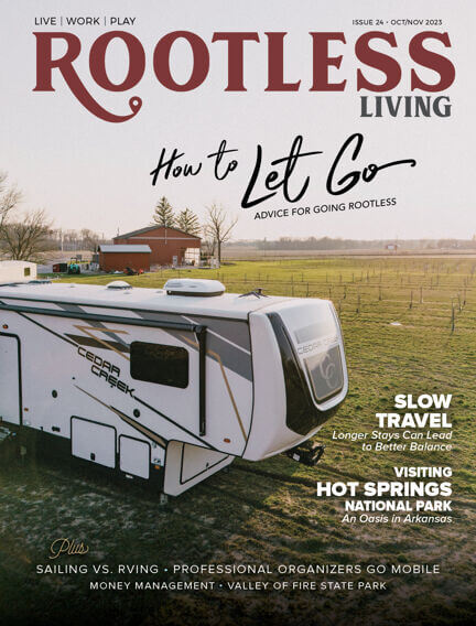 Rootless Living magazine cover featuring RV lifestyle and travel tips.