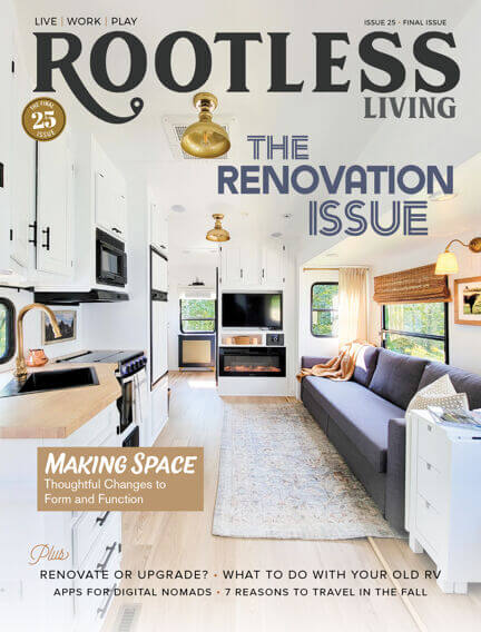 Interior of renovated, modern RV featured in Rootless Living magazine.
