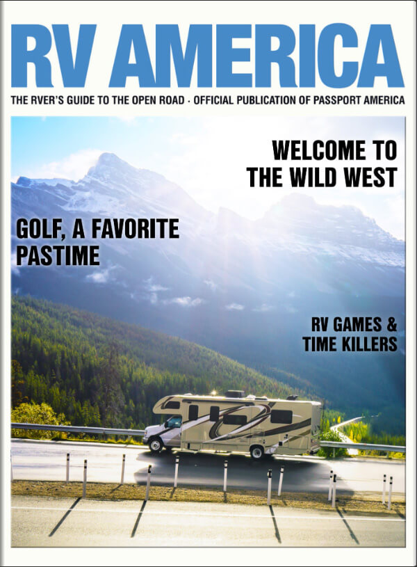 RV travel magazine cover with mountain landscape backdrop.