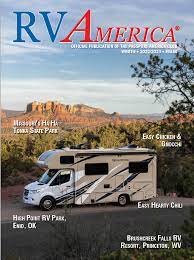 RV America magazine cover with motorhome and scenic backdrop.