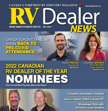 RV Dealer News magazine cover featuring award nominees.