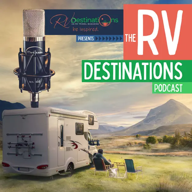 RV travel podcast advertisement with scenic backdrop.