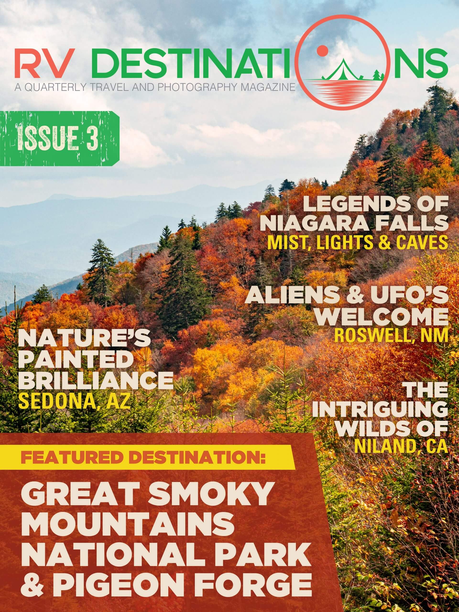 RV travel magazine cover highlighting Great Smoky Mountains.
