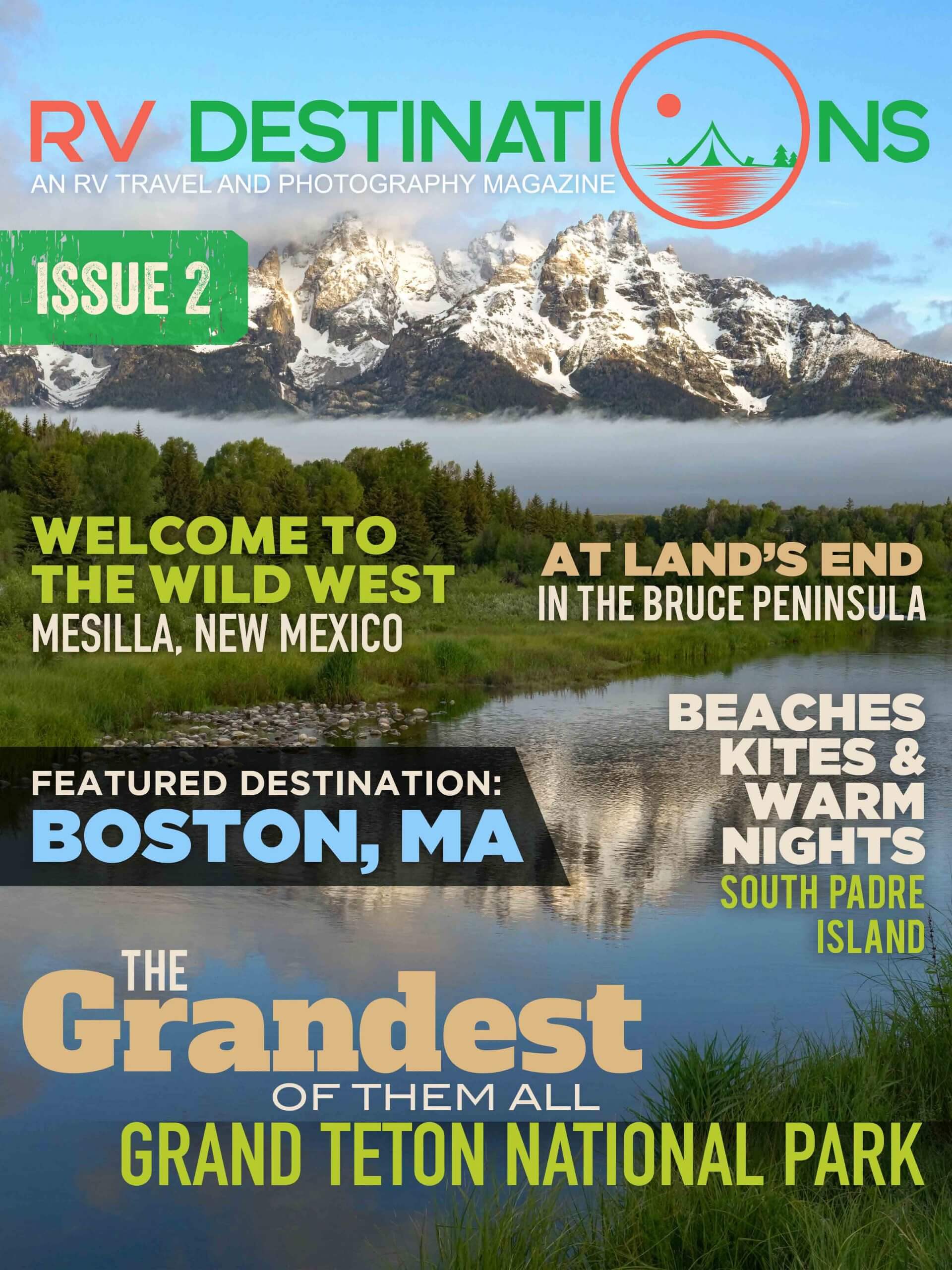 RV Destinations Magazine cover, mountains and scenic landscape.