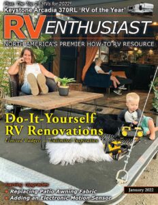 RV Enthusiast magazine cover featuring DIY renovations tips.
