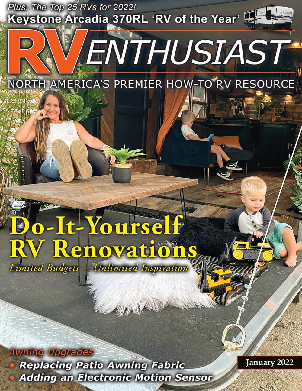 RV Enthusiast magazine cover featuring DIY renovations tips.