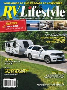 RV Lifestyle magazine cover with travel trailer and SUV.