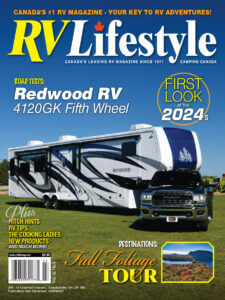 RV Lifestyle magazine cover featuring Redwood RV and truck.