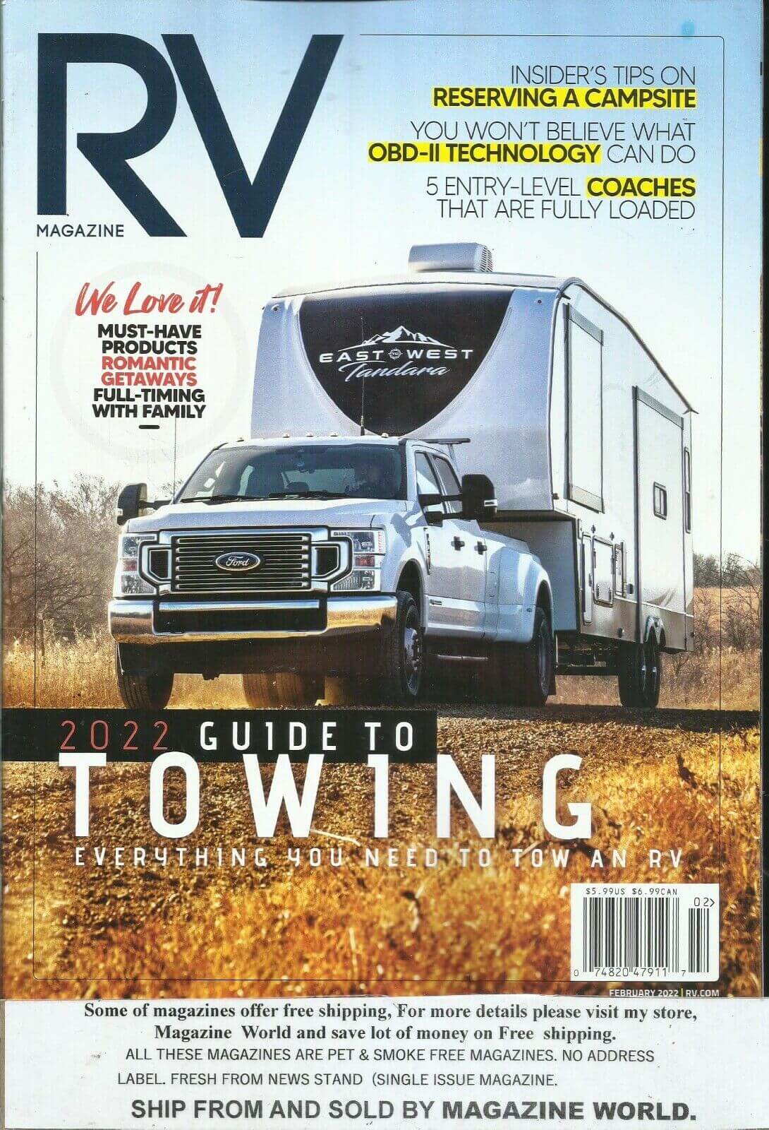 RV magazine cover featuring towing guide and tips.
