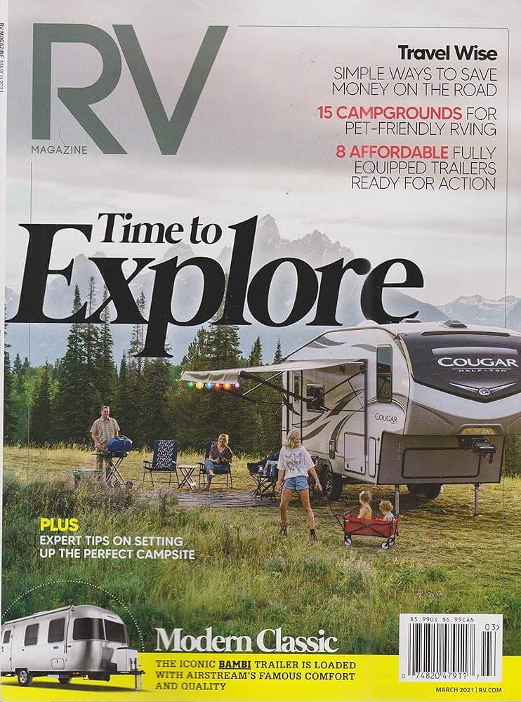 RV Magazine cover featuring family camping with travel trailer.