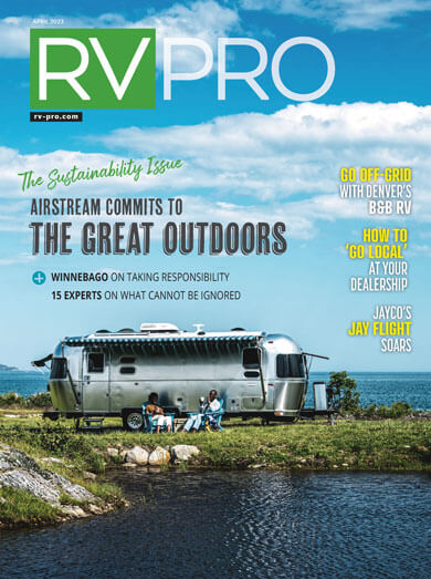 RV PRO magazine cover, sustainability issue, outdoor camping scene.