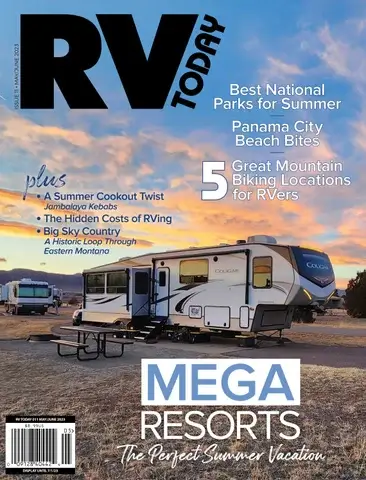 RV Today magazine cover featuring travel destinations and resorts.