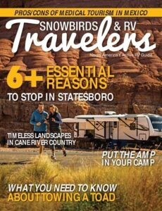 RV travel magazine cover featuring Statesboro and towing guides.
