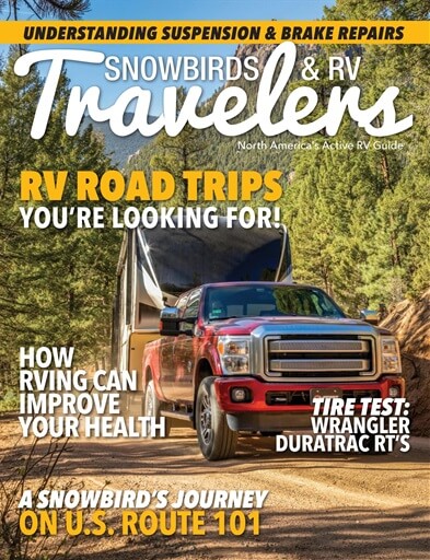 RV magazine cover featuring travel articles and tire test.