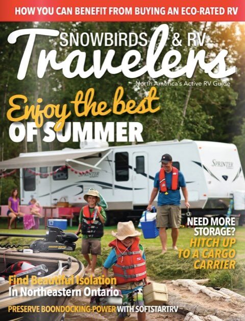 RV camping family enjoying summer in outdoor magazine cover.