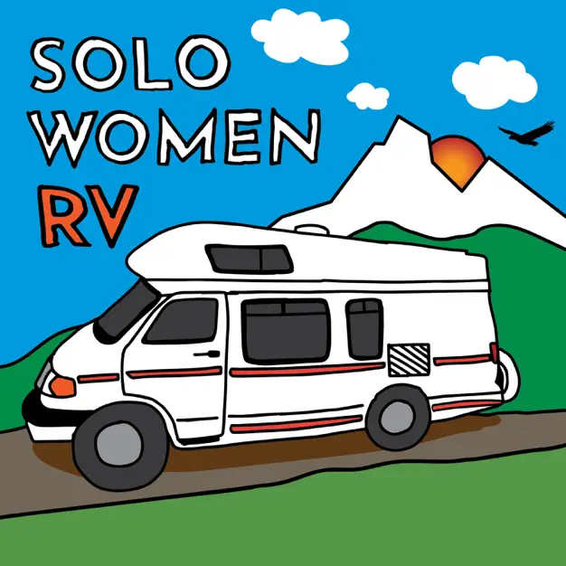 Illustration of RV with "Solo Women RV" text, mountains.