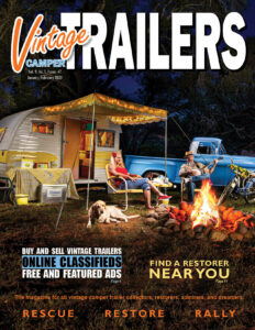 Vintage trailer magazine cover, campfire, people, and dog.