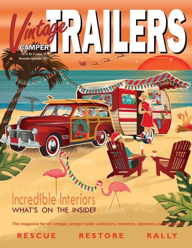 Retro beach camping scene with vintage trailer and car.