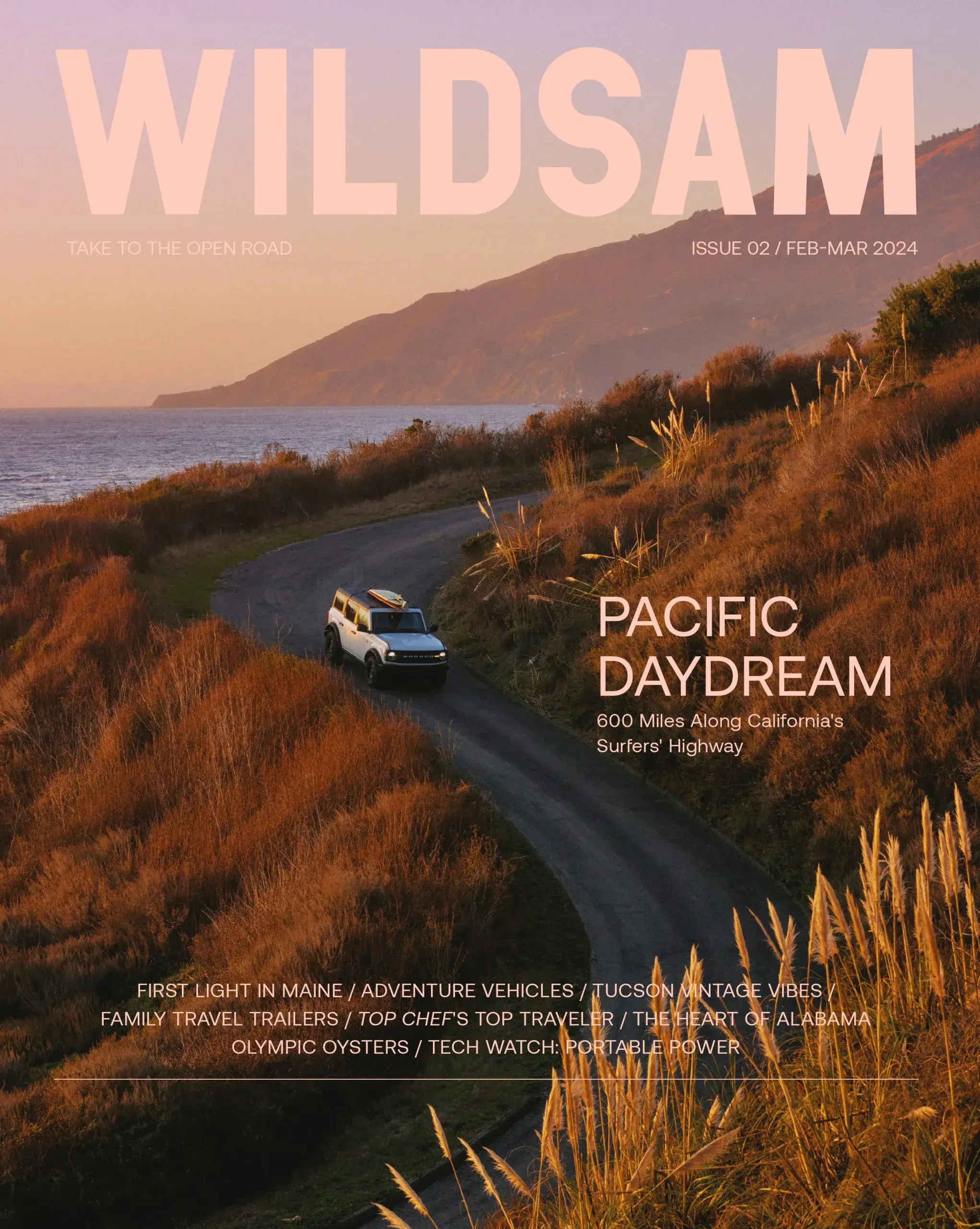 Coastal road at sunset, travel magazine cover, WILDSAM.