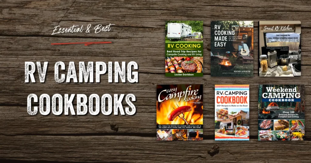 Variety of RV camping cookbooks on wooden background.