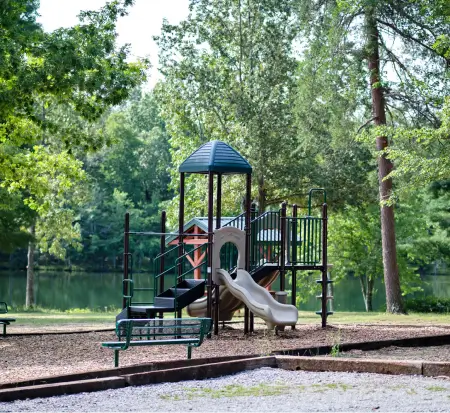 Playground equipment in park with trees and pond.