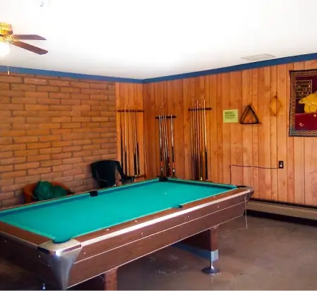Cozy wood-paneled room with billiards table.