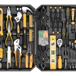 Comprehensive tool set in organized black and yellow case.