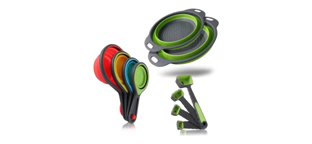 Colorful collapsible measuring cups and spoons set.