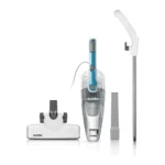 Eureka cordless vacuum cleaner with attachments on white.