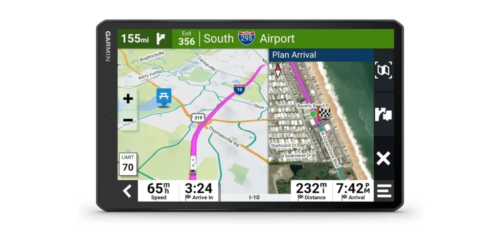 GPS navigation device displaying map route.