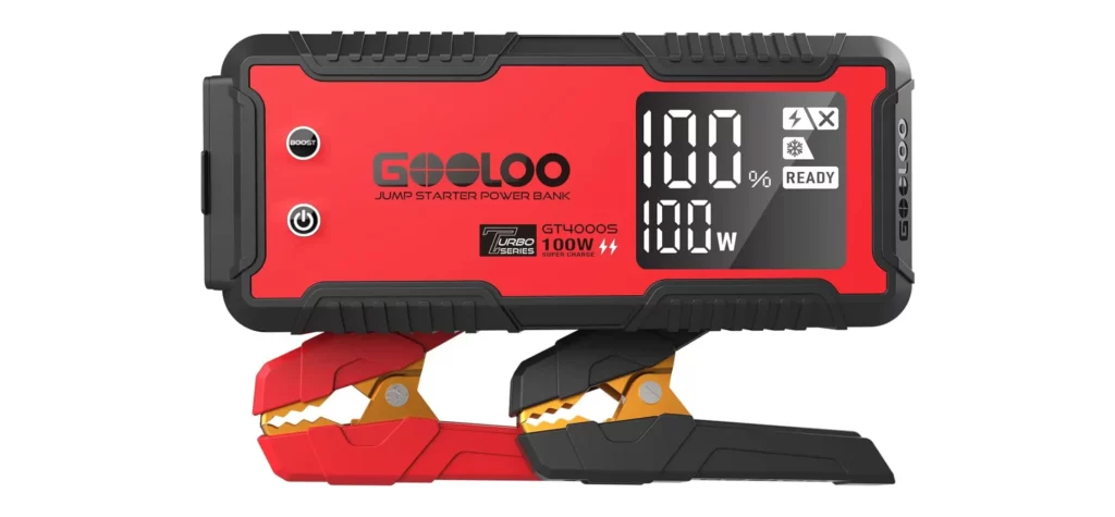 Red GOOLOO jump starter power bank with clamps.