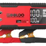 Red GOOLOO jump starter power bank with clamps.