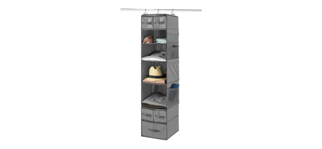 Hanging closet organizer with shelves and drawers.