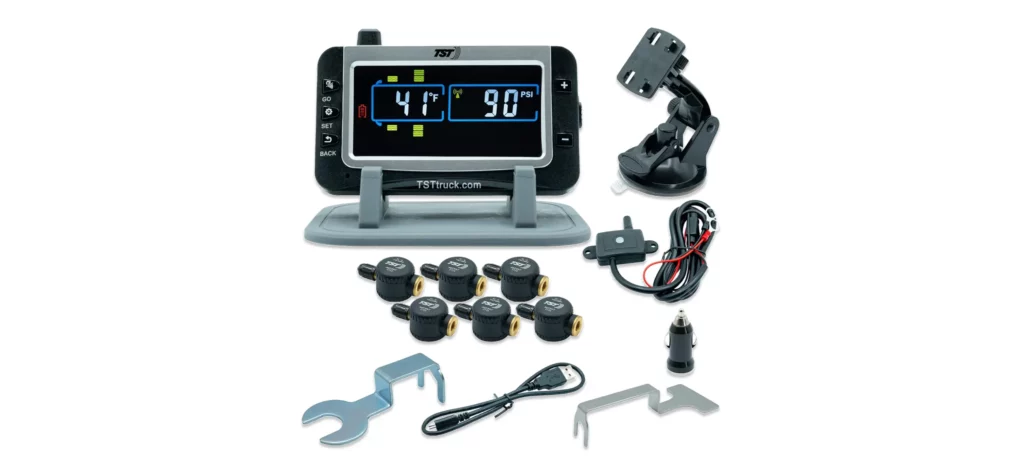 Tire pressure monitoring system with sensors and display.